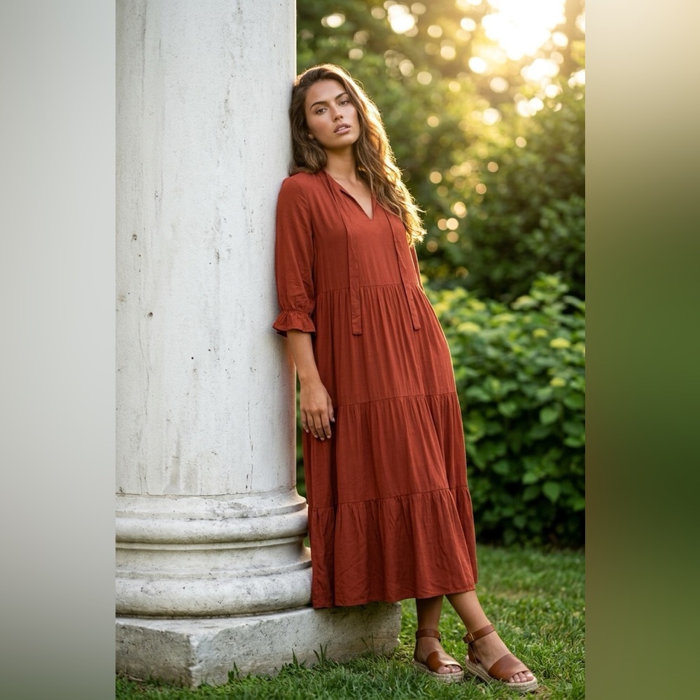 Boutique rust tiered modest maxi dress